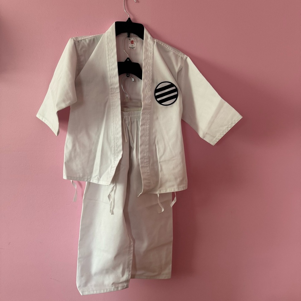 White Martial Arts Uniform with Black Striped Patch and White Belt